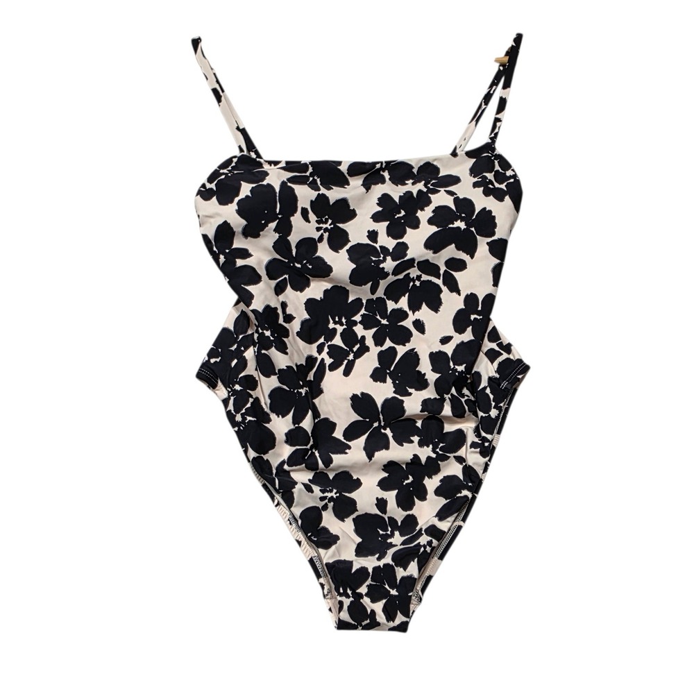 Shade & Shore Floral One Piece Swimsuit Women L Black Ivory High Leg